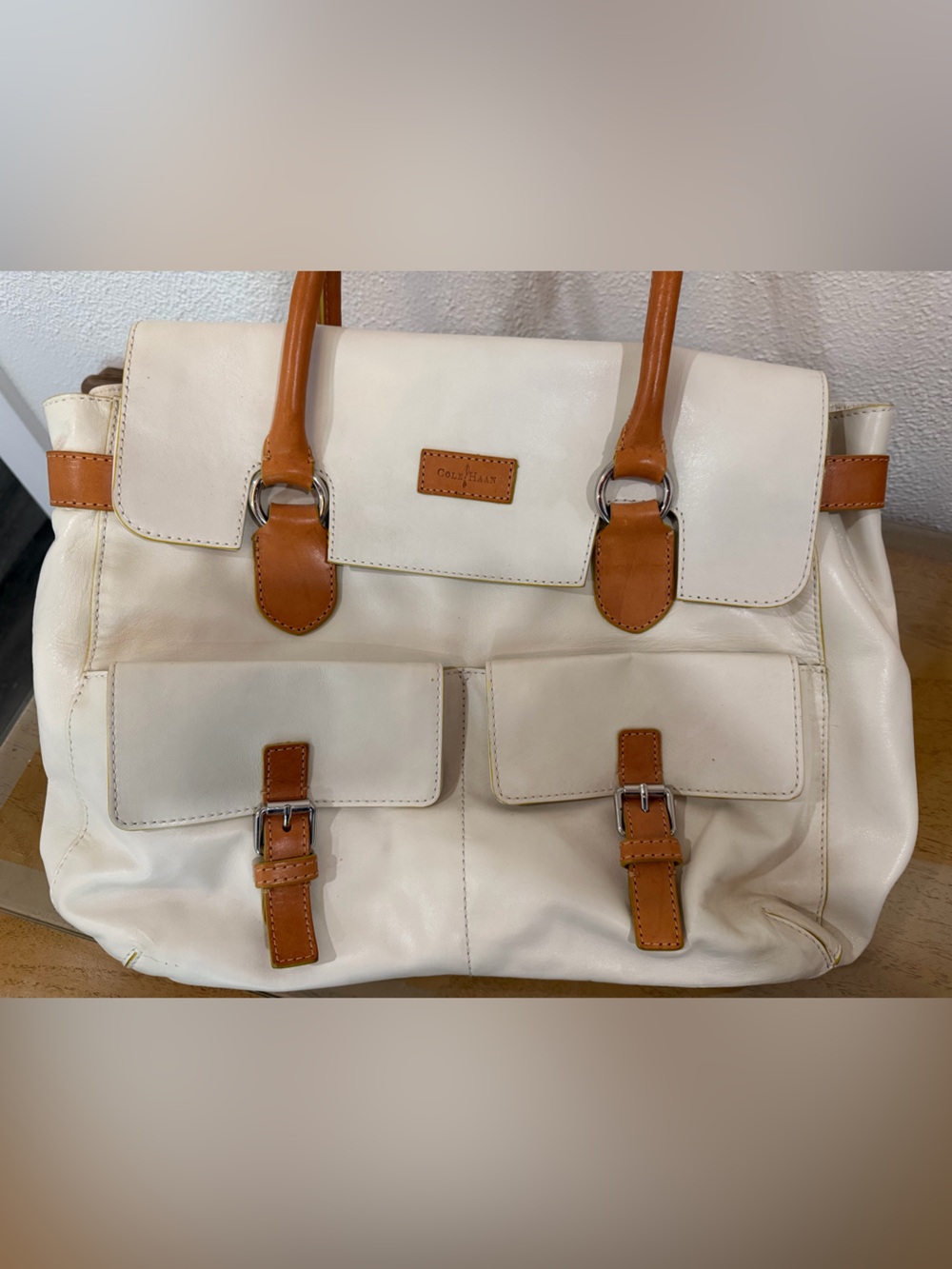 Cream Leather Tote with Tan Trim